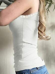 INAWLY Lace Patchwork Ruffle Trim Slim Fit Tank Top - White - View 3