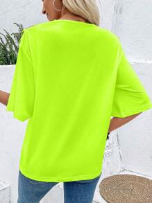 EMERY ROSE 女式夏季抽象脸部印花不对称领休闲 T 恤图案 T 恤女式上衣 - 綠色 - 查看 2