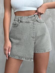 SHEIN Cottnline 夏季高腰不對稱包覆式牛仔緊身短裙 - 白色 - 查看 5