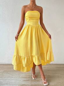 Allurite Ladies' Asymmetrical Ruffled Hem & Ruched Strapless Vacation Casual Dress, Yellow Women Dresses - Yellow - View 7