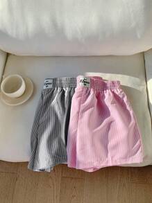 Comfortcana 2入組夏季休閒條紋和印花衣襬細節短褲 - 黑與白 - 查看 5