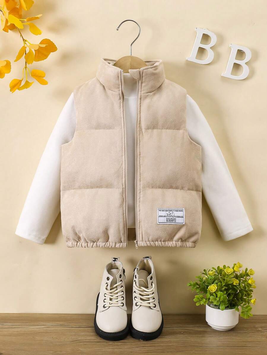 SHEIN Gilet matelassé sans manches à col montant en couleur unie tricoté, avec appliqué de lettre, pour jeune fille - Kaki - Voir 1