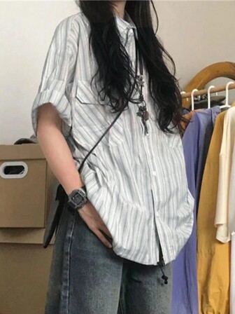 Kvinnors vintagestil japansk skoluniform formell blårandig kortärmad skjorta, sommar