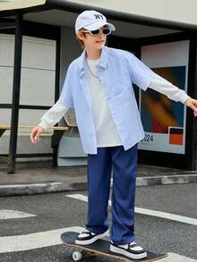 SHEIN Tween Boys Plaid Print Shirt & Solid Sweatshirt & Pants For Spring & Autumn