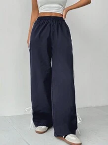 SHEIN PETITE Ladies' Contrast Striped Side Seam Simple Style Casual Wide Leg Pants ,Petite Women - Blue - View 4
