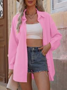 EMERY ROSE Solid Drop Shoulder Shirt For Spring And Summer Fall Cloth For Women - Pink - View 4