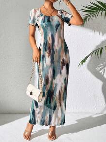 Chiquease Women's Tie-Dye Printed Square Neck Straight Shoulder Elegant Dress Maxi Women Outfit - Multicolor - View 6