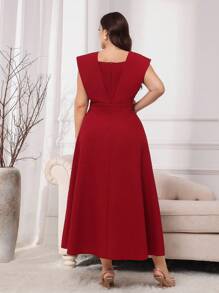 Modelyn Vestido de fiesta elegante de manga corta con cuello cuadrado en talla grande color rojo burdeos, vestidos de noche largos - Burdeos - Ver 6