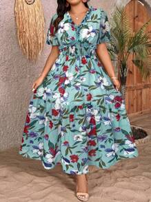 Breezaya Vestido de mangas abullonadas con cuello en V y estampado floral para talla grande