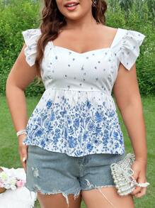 Dreamara Blouse à manches évasées avec imprimé floral romantique, décolleté en cœur, pour femmes grande taille. Tenue de rentrée scolaire