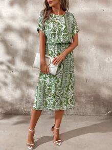 SHEIN Clasi Vestido verde y blanco de largo asimétrico para mujer, ropa de vuelta al colegio de otoño, estilo "Old Money", ropa de maestra, vestidos de mujer en verde con cintura ceñida - Verde - Ver 4