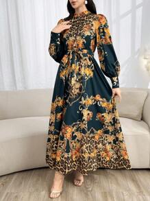 Modelyn Leopard & Baroque Print Lantern Sleeve Belted Dress For Spring & Summer