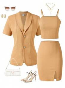 Teen Girls' Solid Color Minimalist Daily 3-Piece Set - Orange - View 1