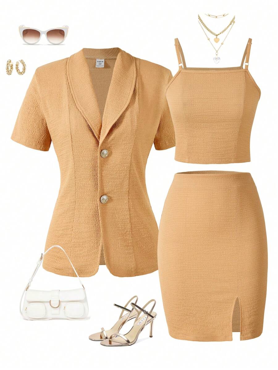 Teen Girls' Solid Color Minimalist Daily 3-Piece Set - Orange - View 1