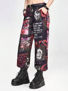 ROMWE Grunge Punk 龐克搖滾音樂節全版印花女士骷髏，字母詞語，幽靈眼圖案長褲 - 黑色 - 查看 6