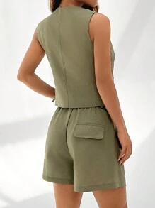 SHEIN EZwear Women's Solid Color Simple Daily Vest Suit - Green - View 2
