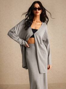 Poéselle 2 件/套罗纹纯色针织毛衣开衫套装，新款开衫低腰裙毛衣两件套，秋季毛衣，秋季套装，开衫长款，基本款，FW24 - 淺灰色 - 查看 5