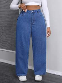 SHEIN SXY Plus Size Women's Loose Straight-Leg Jeans With Hip Fold Design, Casual And Versatile - Blue - View 2