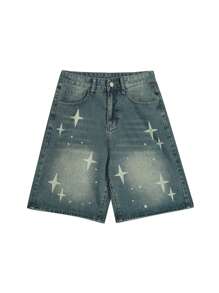 ROMWE MEN Street Life Men's Star & Dot Printed Denim Shorts, Summer, School - Blue - View 1