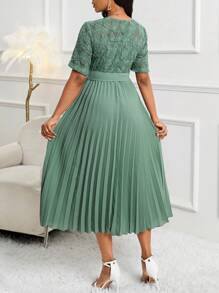 SHEIN Lady Wedding Guest Dress Water-Soluble Lace Pleated Waist Belted Women's Dress