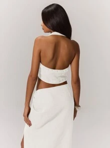 MUSERA 俱乐部性感亚麻质感串珠饰边露脐上衣，适合度假、伊比沙岛假日、海滩外出、夜店、优雅春夏节日 - 白色 - 查看 2