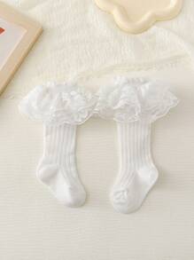 1pair Baby Girls' White Lace High Tube Socks