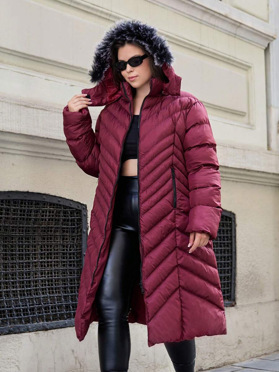 RueChic Plus Size Zip Up Fuzzy Trim Hooded Puffer Coat, For Winter - Red - View 1