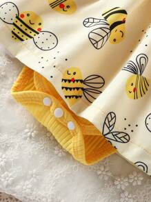 女婴休闲蜜蜂印花拼接连体衣，荷叶边下摆，春夏款 - 黃色 - 查看 7