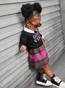 SHEIN Explorewe 2pcs Baby Girls' Cute Pink Plaid Woolen Outfit With Fun Print, Suitable For Casual Daily Wear In Autumn