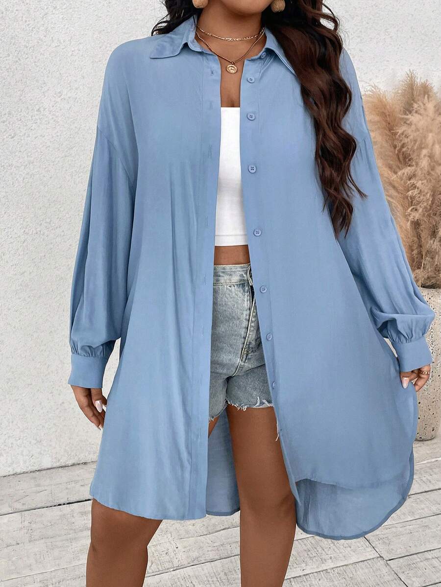 SHEIN VCAY Áo sơ mi dáng dài, dáng resort, dáng rộng, dáng cao, dáng rộng, dáng rộng cho nữ cỡ lớn - Màu xanh bụi bặm - Xem 1
