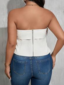 SHEIN Privé Plus Size Women's Elegant Gathered Waist Tube Top, Suitable For Afternoon Tea, Commuting, Dating, Party, Banquet, Back To School, Metal Buckle, Pleated, Slimming, Textured Fabric Top - Apricot - View 4