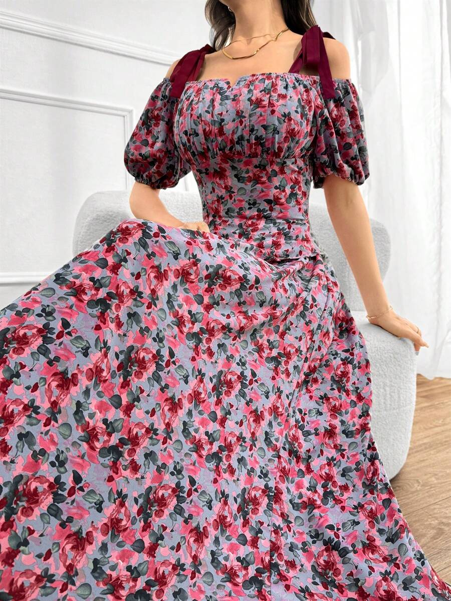 Seusyu Ensemble haut et jupe pour femmes à lien d'épaule imprimé de fleurs et noué, à plis