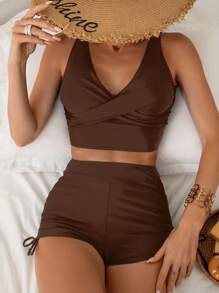 Swim Basics Women's Solid Color Cross Front Brown Bikini Set With Casual Style For Summer Beach - Coffee Brown - View 1