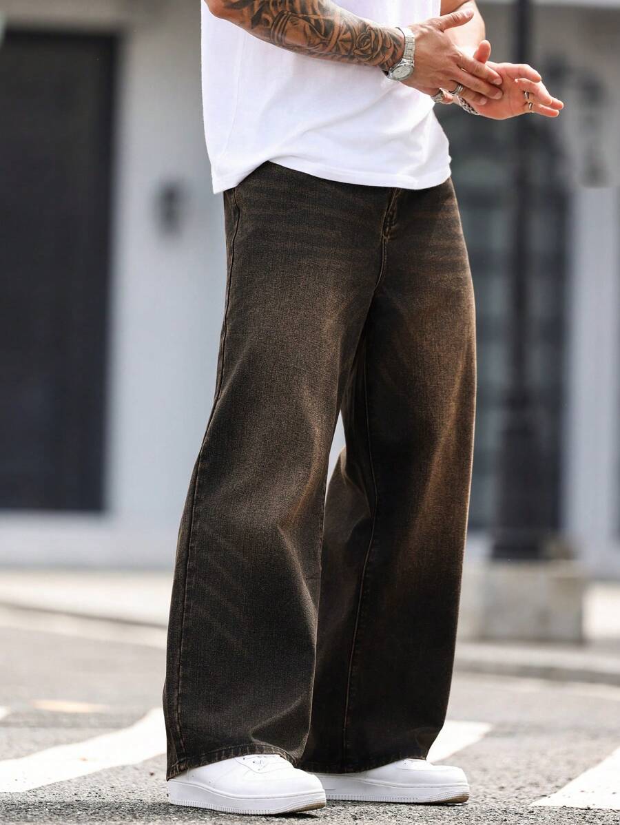 Manfinity Homme Pantaloni de denim cu picior largi pentru bărbați, retro, vintage, mărimi mari, blugi cargo largi, lungi, învechiți, gri închis, pentru soț, cadouri pentru iubit - Spălare întunecată - Vizualizare 1