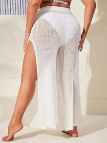 Plus Split Thigh Pointelle Knit Cover Up Pants For Summer Beach - White - View 2