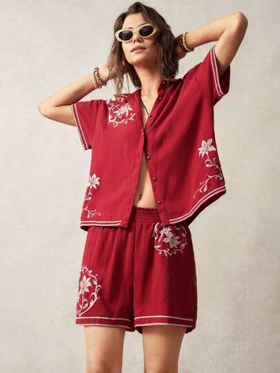 Bohemela 女士假期刺繡裝飾鬆身紅色2件套裝，夏季