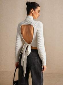 Poéselle Women's Backless Lace Up White Long Sleeve Sweater, Beige Sweater, Turtleneck Sweater, Plush Sweater, Christmas Sweater, Valentine's Day, Dates And Parties - White - View 1