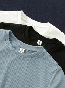 SHEIN 3pcs Teen Boys' All-Match Solid Color Textured Round Neck Short Sleeve Knit T-Shirt Set, Spring/Summer, Basic Top, School, Campus, College