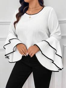 Elenzga Plus Size Women's Elegant Shirt With Hemmed Round Neck, Ruffle Trim And Flared Sleeves, Spring/Summer Fall Cloth For Women - White - View 4