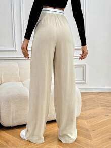 SHEIN Frenchy Women's Linen Fall Outfits Color-Block Waist Tie Wide-Leg Suit Pants Back To School Dress Pants,Commute,Office,Old Money,Simple,Minimalist, Casual - Multicolor - View 2