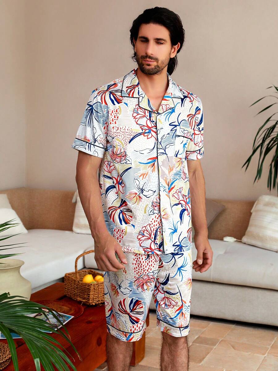 Manfinity ChillVibe Men Tropical Print Contrast Piping Top & Shorts PJ Set / Pajama Set - Multicolor - View 1