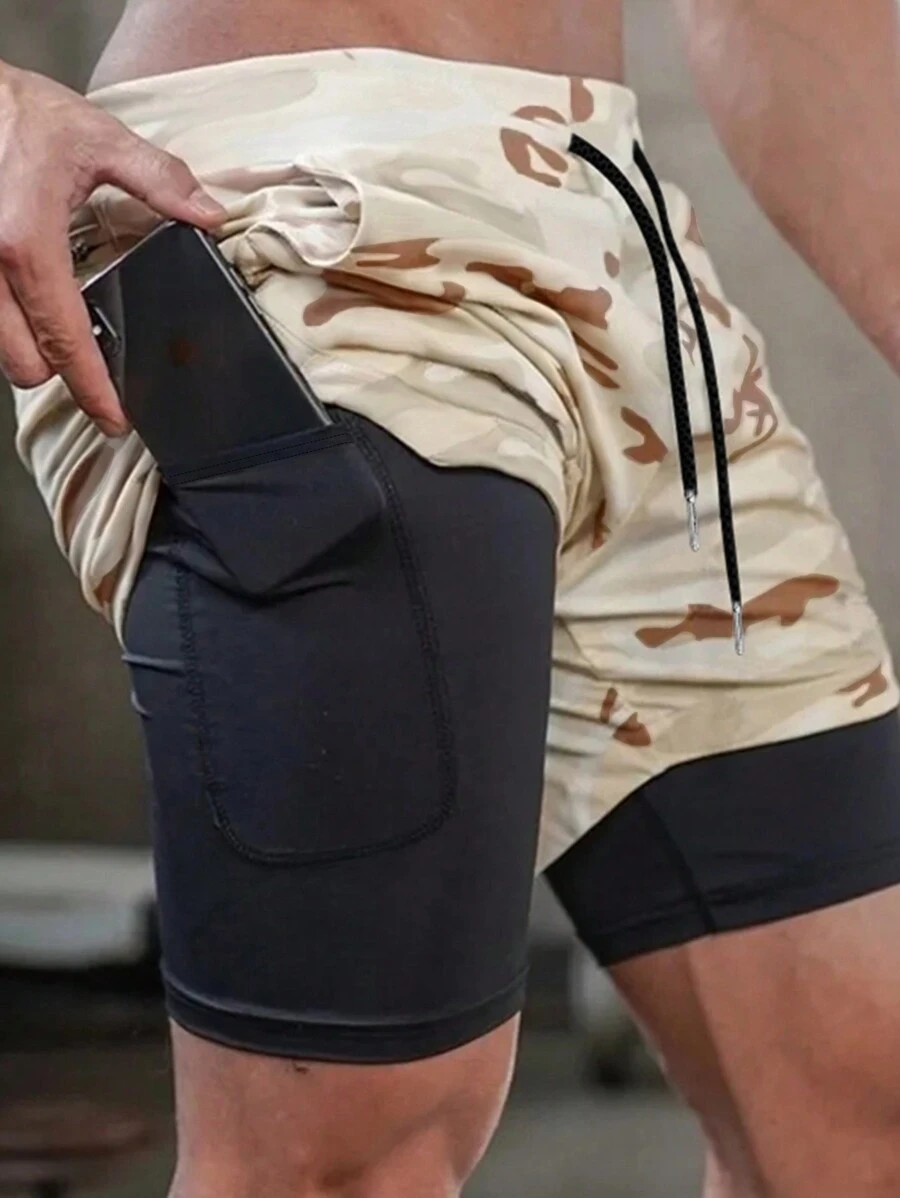 Men Camo Print Drawstring Waist 2 In 1 Shorts With Phone Pocket - Black - View 1