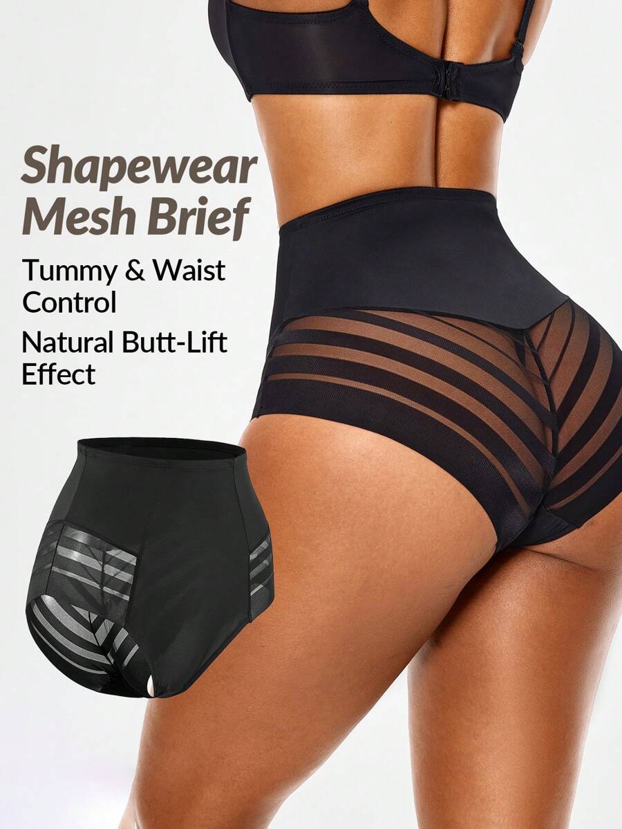 SHAPORA Shaping High-Waisted Mesh Brief Body Shaper Butt Lifter-Tummy Waist Control - Black - View 1