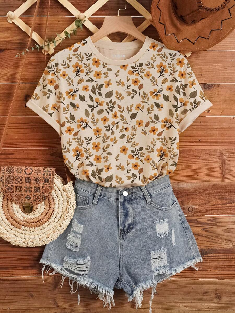 INAWLY 大码女式休闲短袖花卉印花圆领 T 恤，夏季图案 T 恤女式上衣 - 卡其色 - 查看 1