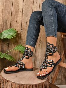 2024 Sandales romaines à strass plats pour femmes, nouvelles chaussures de plage bohémiennes avec diamants, chaussures pour femmes de grande taille pour l'été - Noir - Voir 5