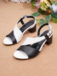 Spring/Summer Women's Casual Versatile Black & White Leather Strap Chunky Heel Sandals, Suitable For Thanksgiving, Halloween, Christmas - Black and White - View 2