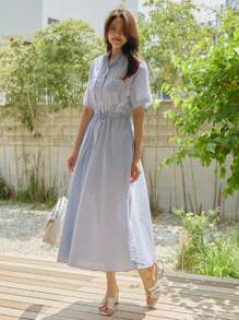 DAZY 女士短袖中长款收腰衬衫裙连衣裙，休闲女式连衣裙长裙 - 藍色 - 查看 9