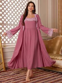 PalaceNights Vintage Embroidered 2pcs Women's Pajama Set, Fall Winter Clothes - Pink - View 3