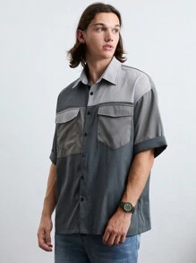 Manfinity VCAY Chemise tissée à patchwork à manches courtes, à la mode, décontractée et quotidienne pour jeunes hommes - Gris - Voir 5