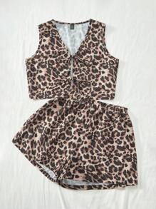 SHEIN VCAY Bộ áo ba lỗ và quần short cạp cao dệt kim thường ngày dành cho nữ, 2 chiếc - màu nâu - Xem 5
